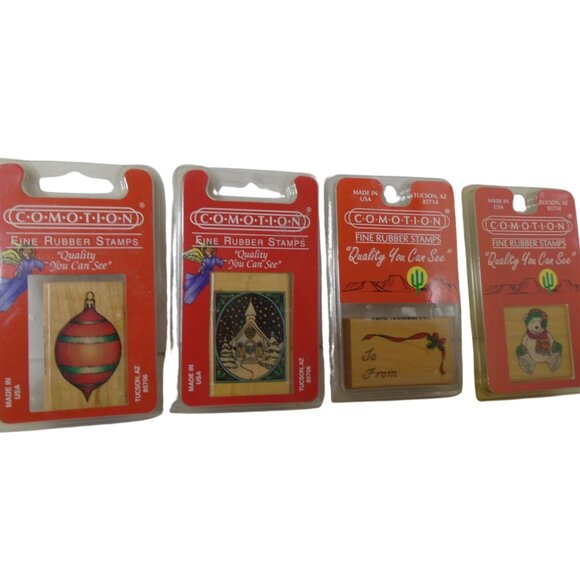 Vintage COMOTION Rubber Stamps Christmas Set of 4 New Made in USA - Picture 1 of 5